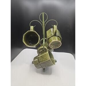 Vtg Japan 4 Olive Green Mug Set w/ Tree Retro Design Drip Glaze Mid Century Mod